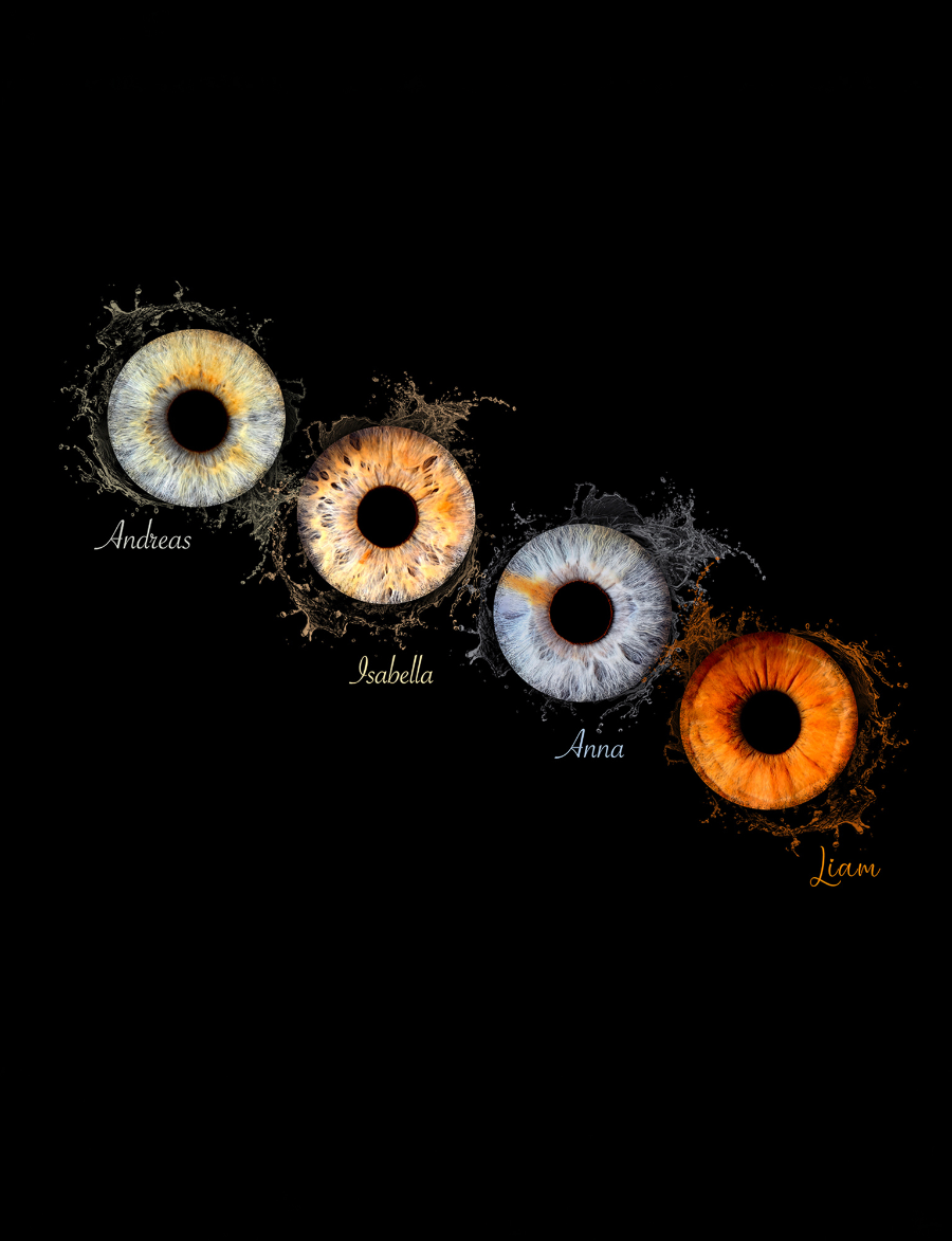 Vier Iris Fine Art Prints mit Namen und Wasserspritzer-Effekt