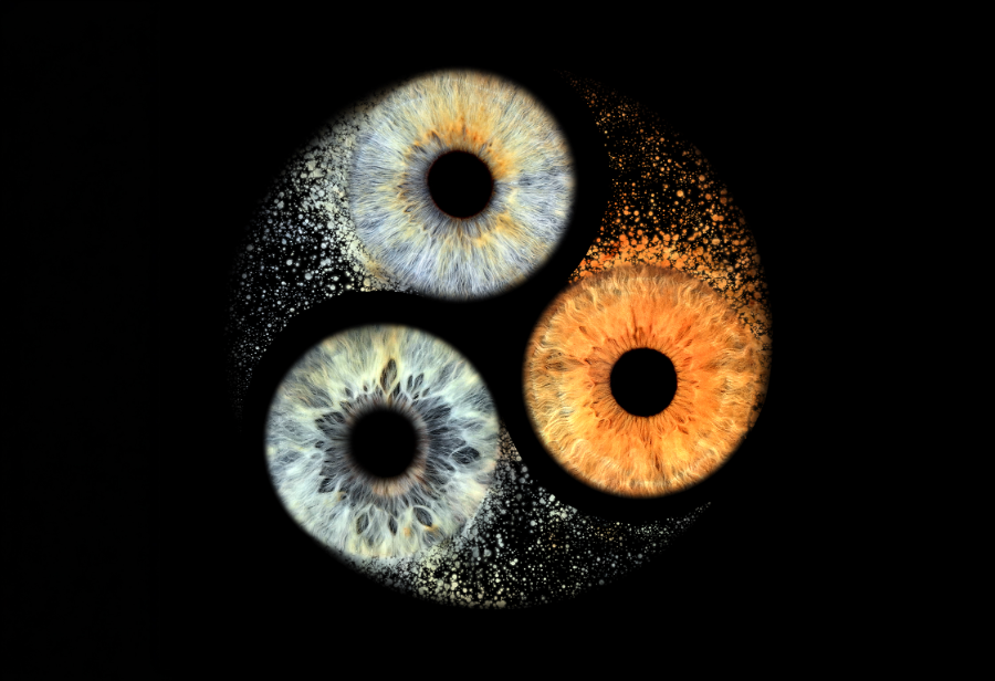 Drei Iris-Prints als Yin-Yang-Symbol komponiert