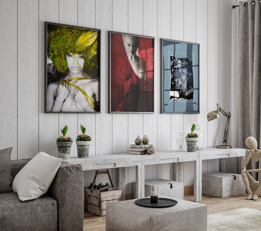 Drei gerahmte Fine-Art-Prints an einer Wohnwand